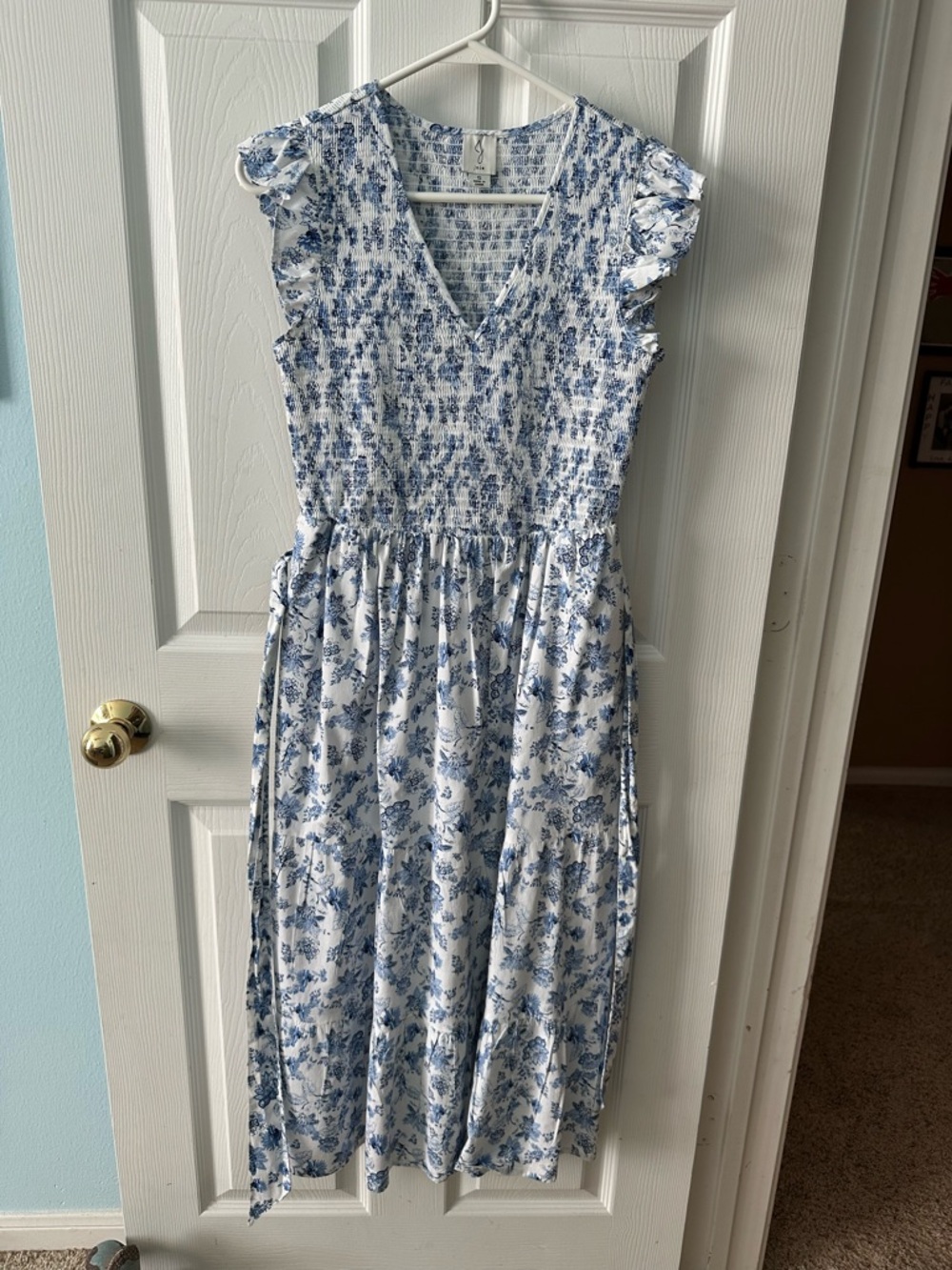 Joie Dress with White & Blue Floral Print and Smocked Bodice